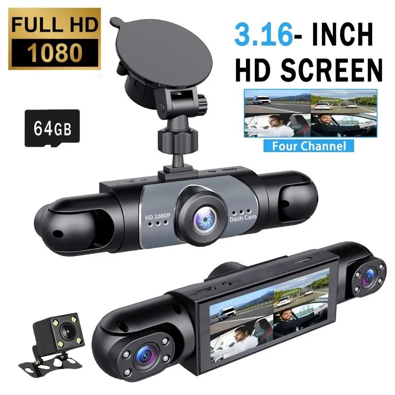 Visionplus - Full View Car Dashcam System, Front & Rear Camera, 4 Lenses Full HD 1080P, Night Vision, 24 Hour Parking Recording, 64GB SD Card Included